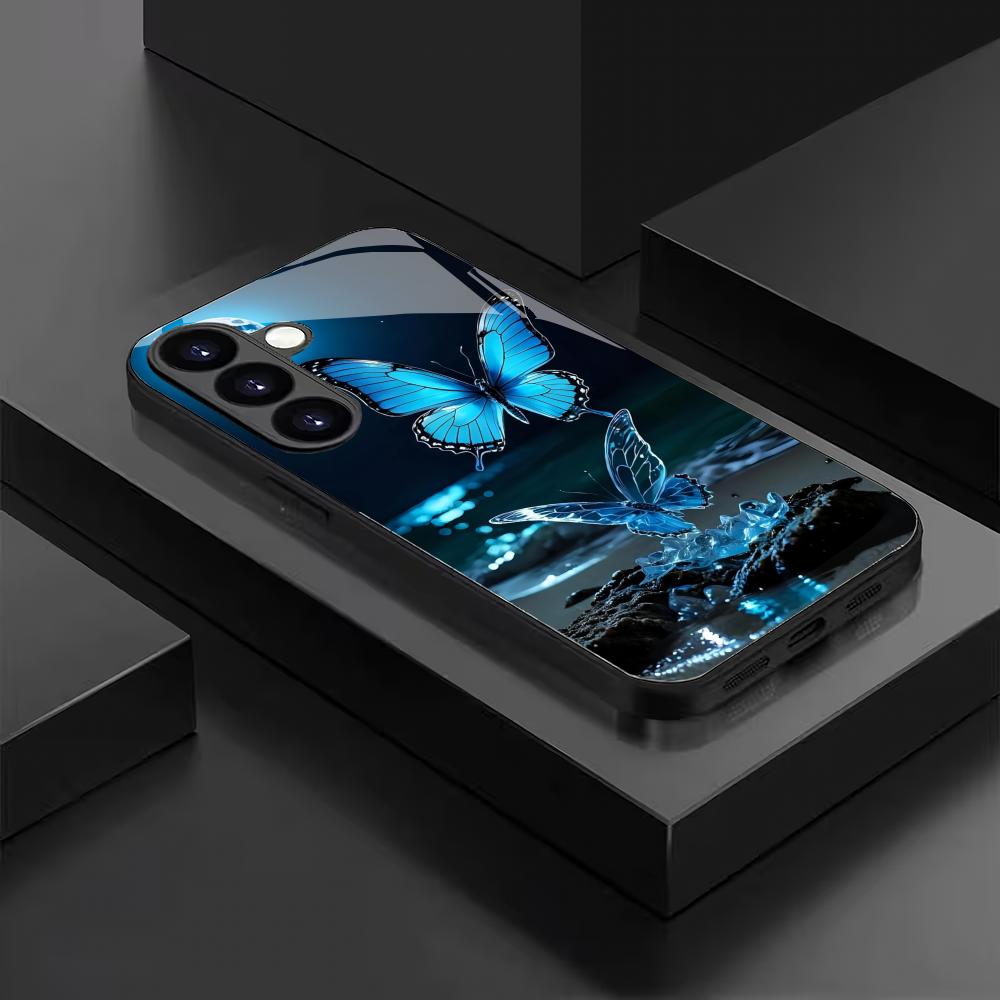 Blue Butterfly Tempered Glass Phone Case Suitable for Samsung Galaxy S26 S25 S24 S23 S22 S20 FE/Ultra/Plus Anti Drop Back Cover