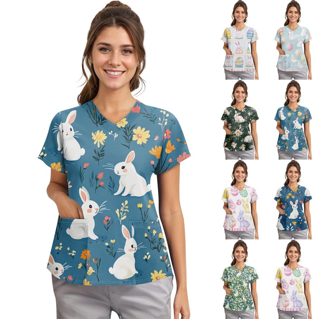 Women's Fashion V-neck Short Sleeve Workwear With Pockets Printed Tops