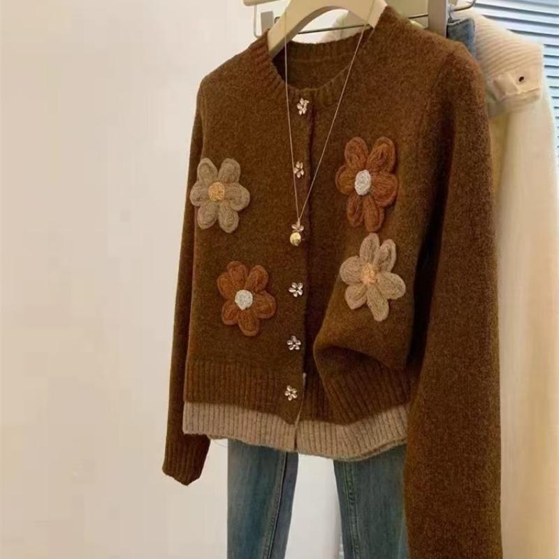 

Осень Зима Кардиган с круглым вырезом и цветочным узором Вязаное пальто Женский Свободный Повседневный Универсальный Лоскутный свитер-топ onesize кофейный