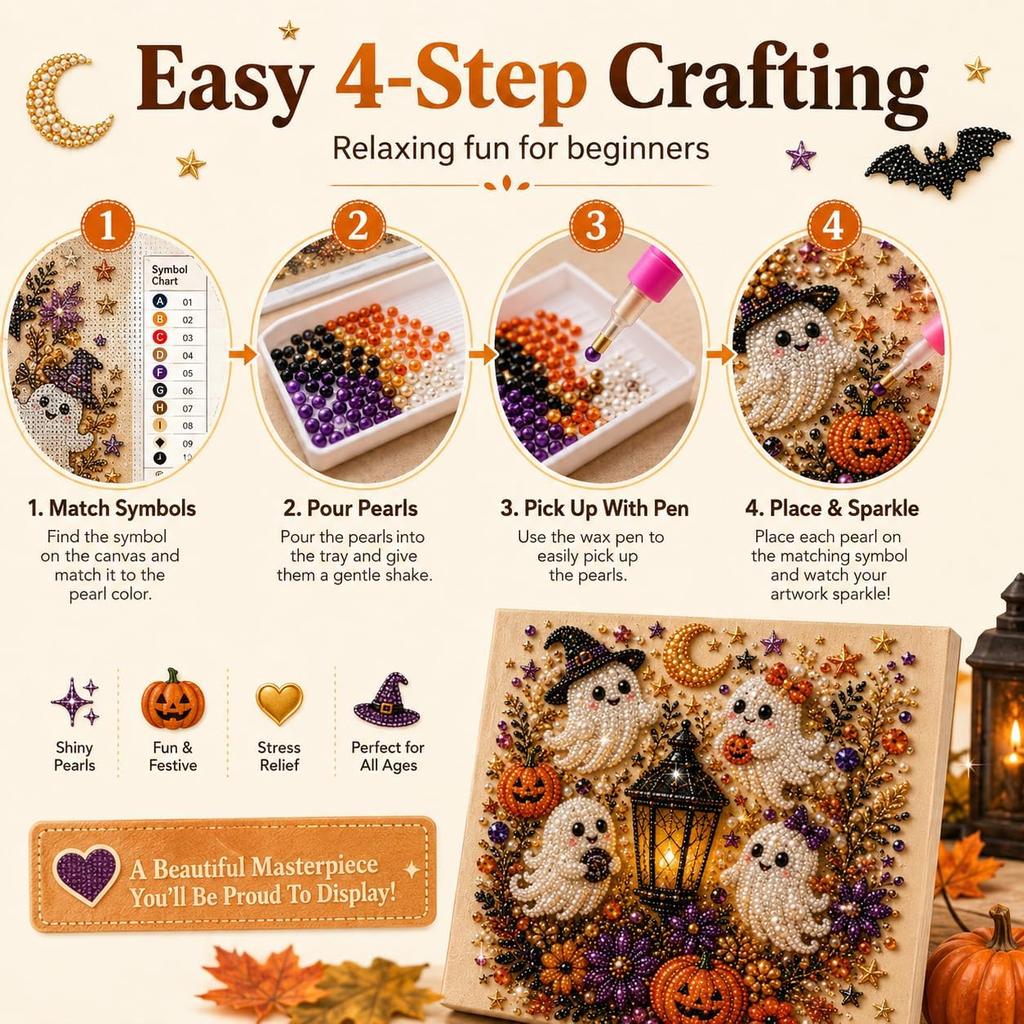Halloween Ghost 3D Pearl Art DIY Kit - Spooky-Cute Mosaic Painting Canvas Craft Pumpkin Design with Sparkling Beads Halloween Home Decor Activity
