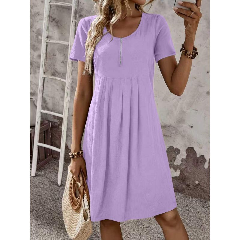 QICED Fashion Summer Spring Solid Color Print O-Neck Short Sleeve Casual Dresses