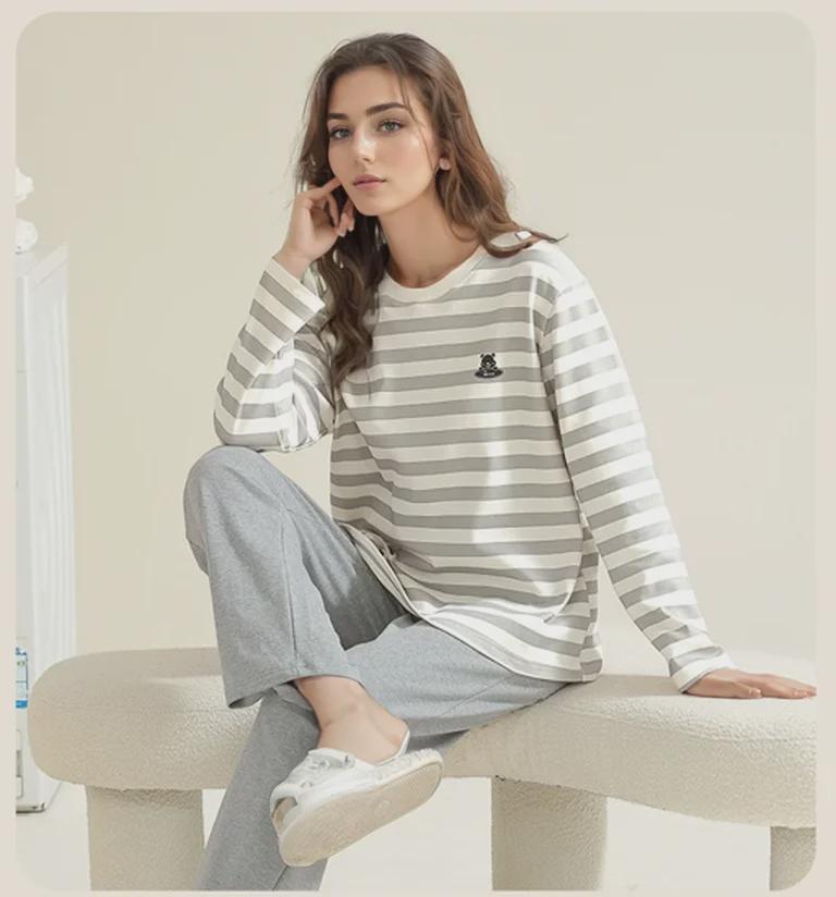 Pijama feminino de manga comprida com estampa de desenho animado e protetores de peito - algodão fino para uso interno/externo na primavera, outono e inverno