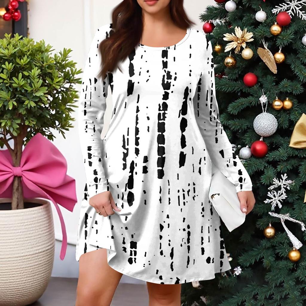 Plus Size Women's Gradient Print Casual Spring/Autumn Pocket Round Neck Long Sleeve Dress