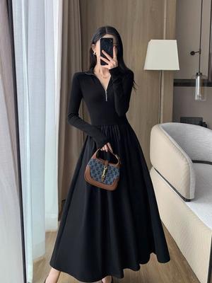 Zacht vallende Taille-cinching Afslankende Jurk met Lange Mouwen -winter Elegante Basislaag Rok met Rits Frans-geïnspireerd Ontwerp Met Volle Rok