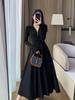 Rochie elegantă de iarnă cu mâneci lungi, fluidă, care strânge talia, subțiază, cu fermoar, fustă de bază, design de inspirație franceză, cu fustă amplă
