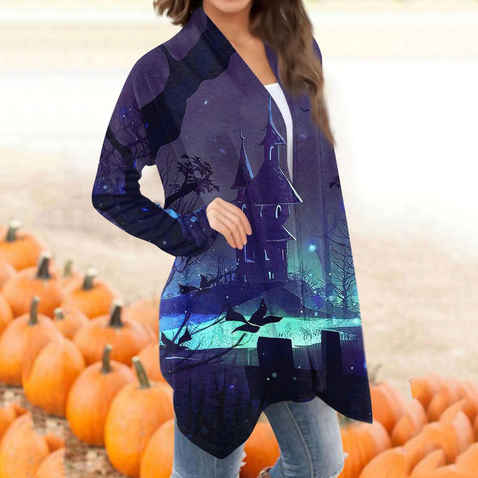 

Женская мода, повседневный кардиган с принтом на Хэллоуин, средней длины, куртка, пальто XXXL фиолетовый