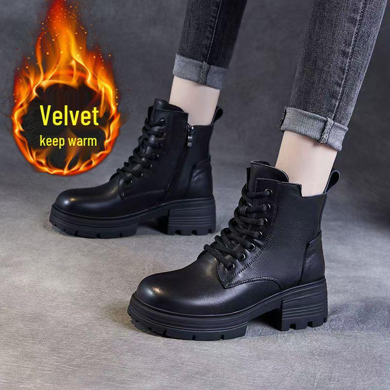 Women's Soft Leather Martin Boots, Thick Sole, British Style, Plus Velvet, Versatile Ankle Boots for Autumn/Winter 2025.