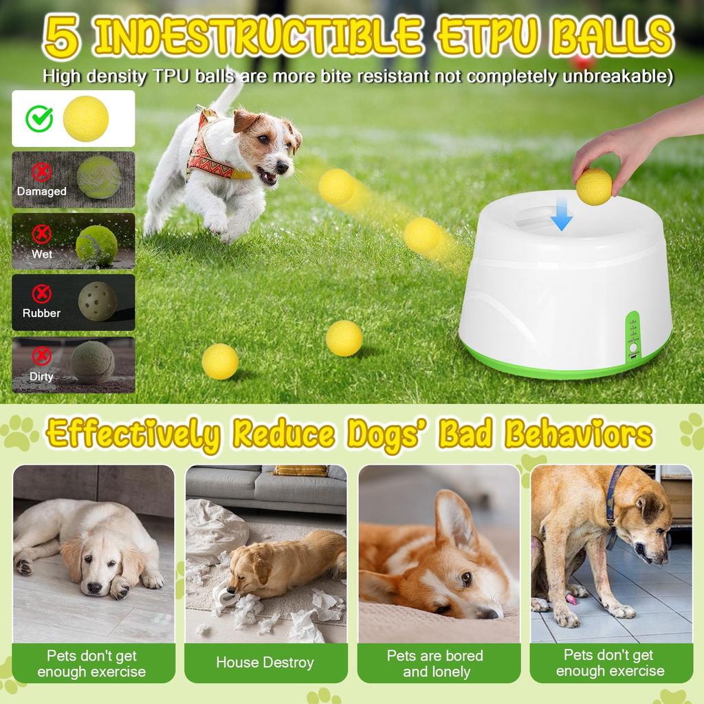 Lanceur de balles automatique pour chiens, Machine interactive de lancer de balle avec 3 niveaux de distance(20-46 pieds) & 5 Balles, Lanceur de Balle pour Chien pour Jouer à l'Intérieur et à l'Extérieur