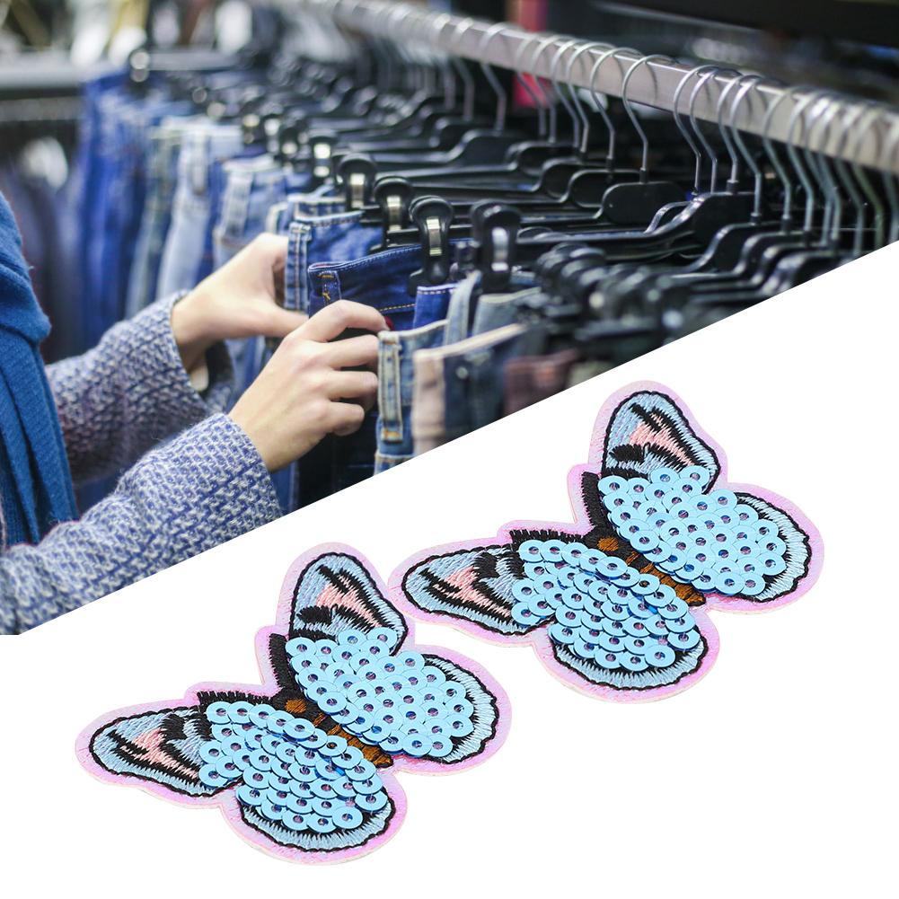 6pcs Sequins Butterfly Honeybee Clothes Patch Iron On Applique DIY T Shirt Fabric Sticker(Blue