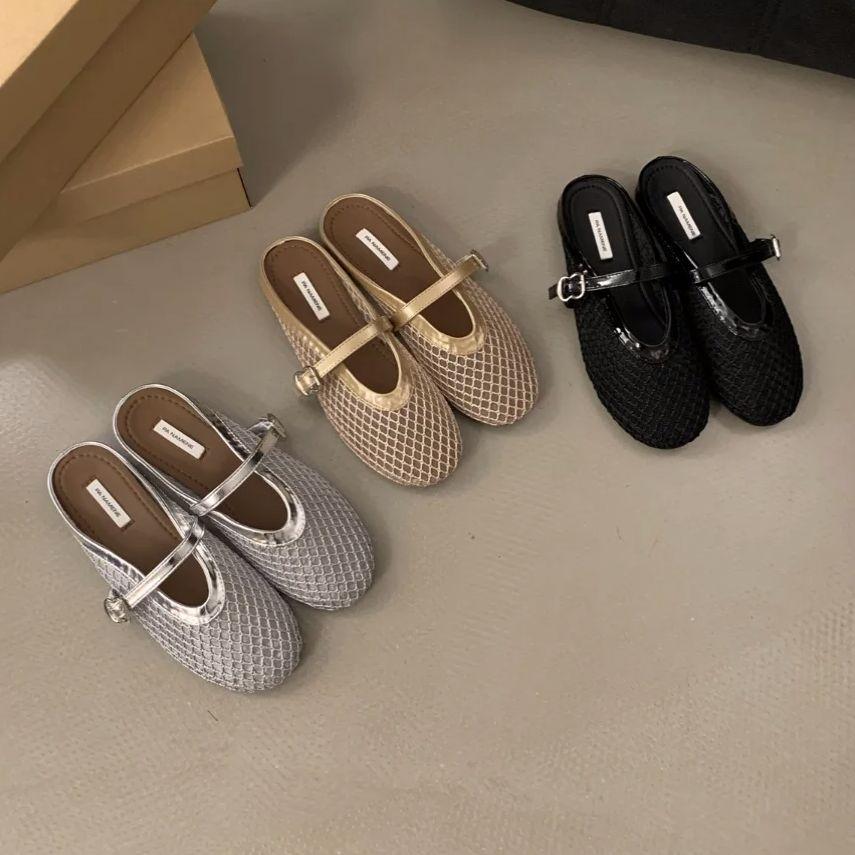 Fashion Bailamos Fashionable Mesh Women's Slipper Ballet Mary Jane Shoes Summer Walking Shoes Round Toe Buckle Flats Mujer