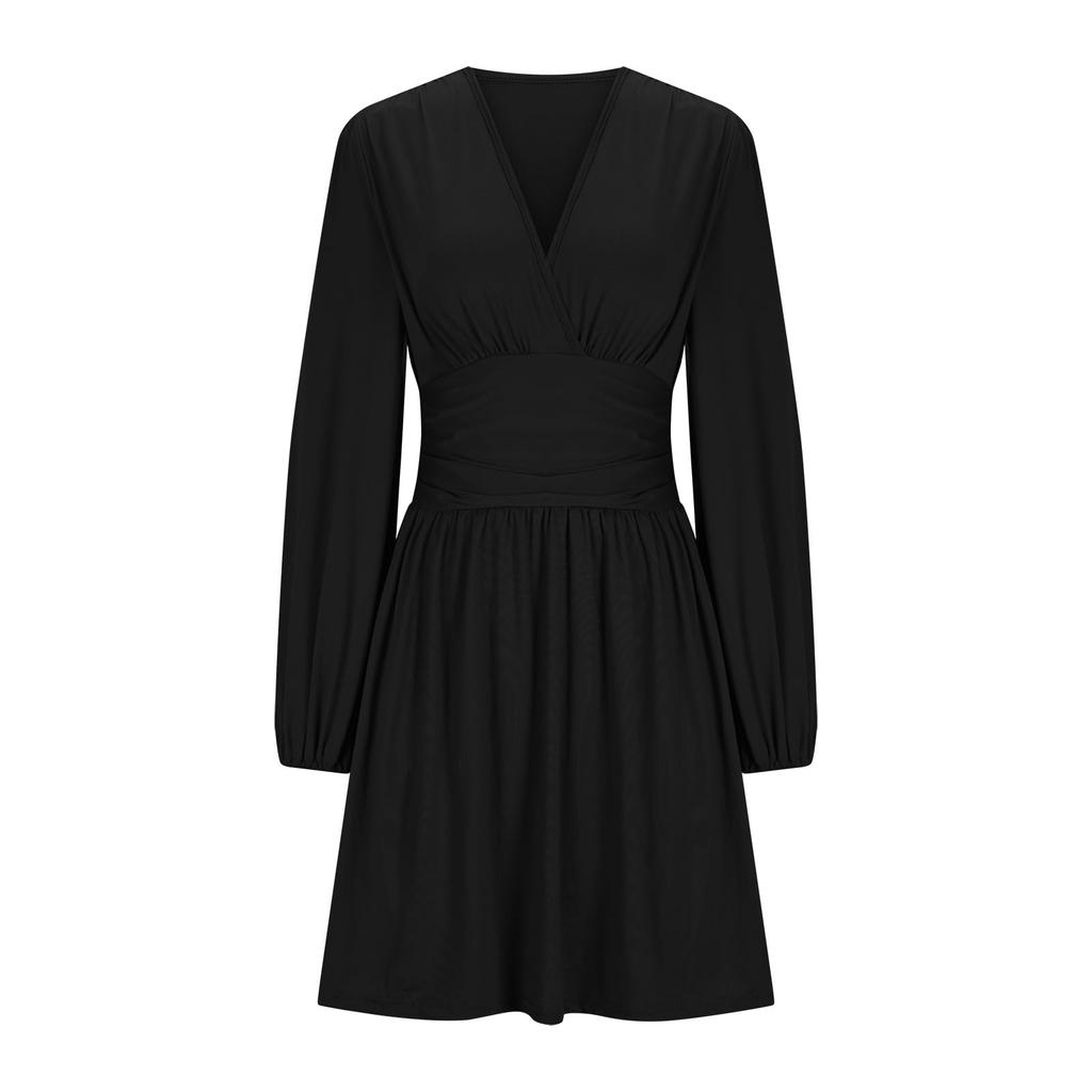Women's Fashionable Solid Color V Neck Long Sleeved Pleated Versatile Dress