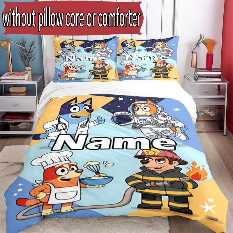 3pcs Duvet Cover Set (1*Duvet Cover + 2*Pillowcase, Without Core), Custom Name Bluey Pattern Bedding Set, Home Bedroom Decor Gift