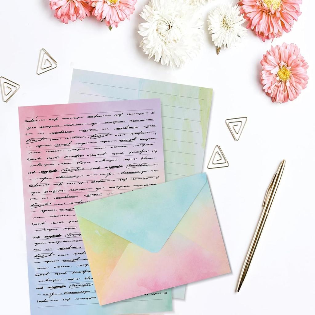 45 Stationary Letter and Envelopes: 30 Watercolor Stationery Paper&15 Envelopes, Lined Stationery Paper and Envelopes Set,Stationary Paper and