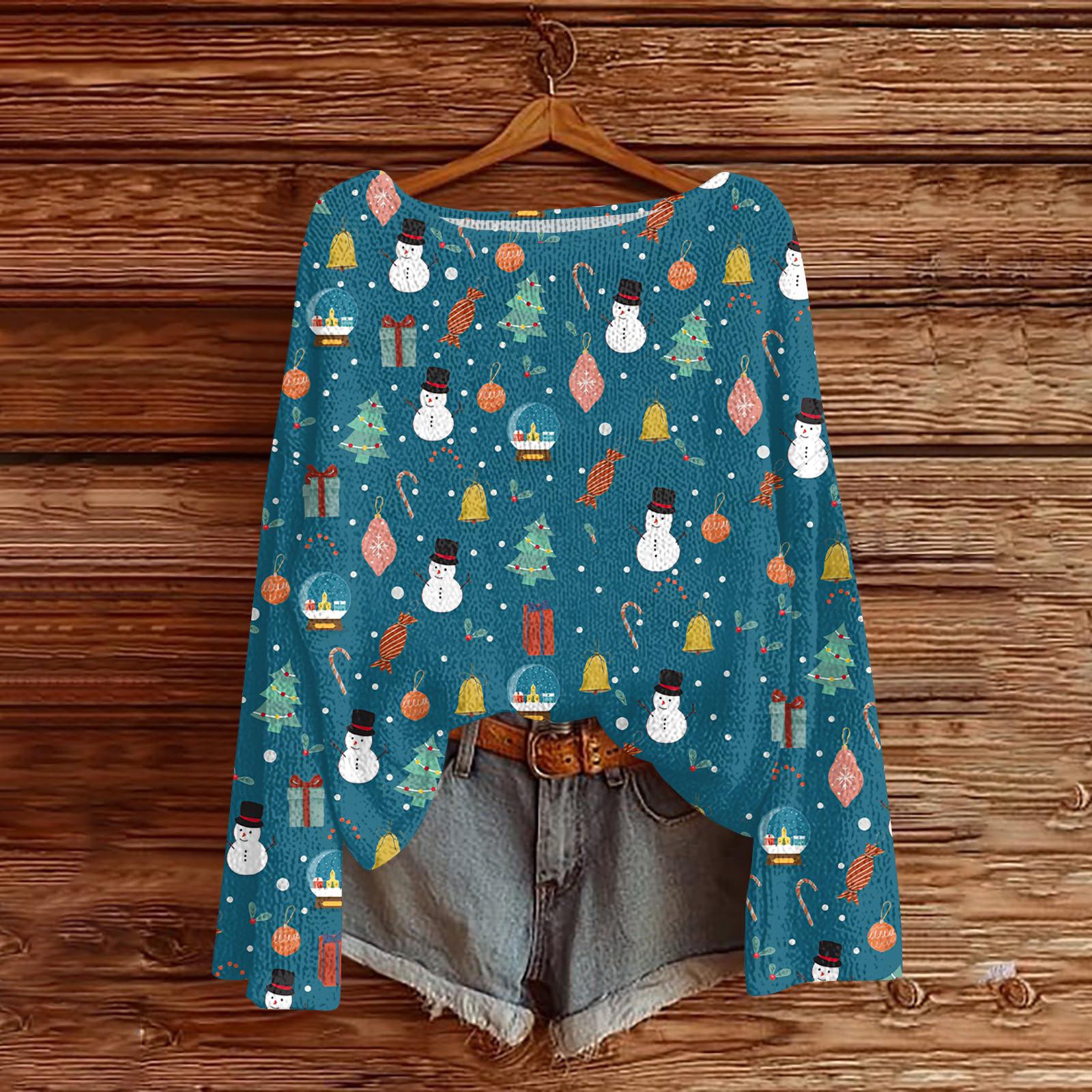 Women s Fashionable Oversized Knitwear Long-Sleeved Christmas Print Top L 2453₽