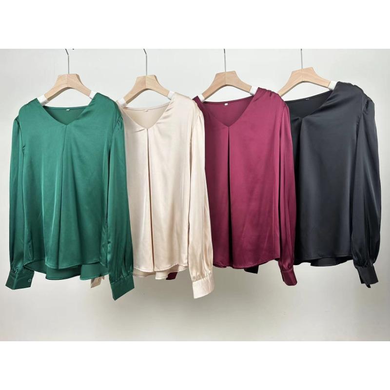 Spring and Autumn Women's Shirts Pleated Long Sleeve Tops V-Neck Blouse