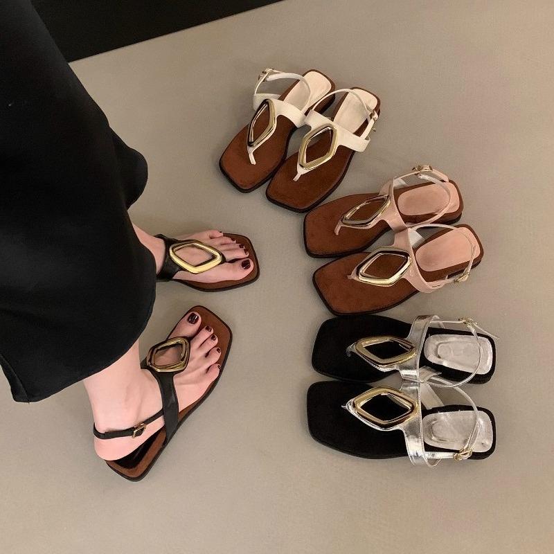 Wedge Heel Metal Buckle Niche Toe Sandals Women's Summer New Square Toe with Skirt Vacation Beach Roman Shoes