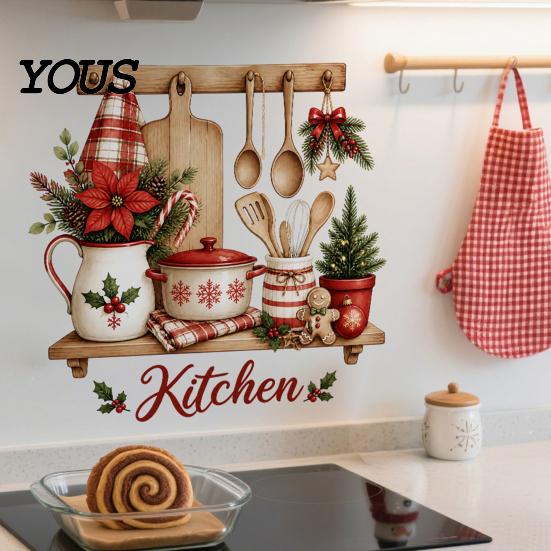 Murale Impermeabile per Zona Fornelli Stoviglie di Natale Adesivi Utensili, Teiera Tazza Palline Fiori Decalcomania, Decorazione Festiva Retro Rimovibile Peel