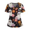 Women's V Neck Short Sleeve Medical Scrub Top with Double Pockets Side Slit Hem Halloween Print Nurse Uniform Shirt