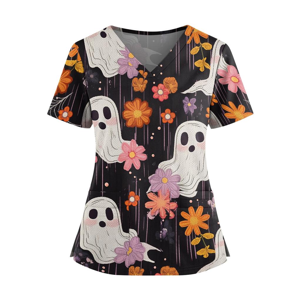 Women's V Neck Short Sleeve Medical Scrub Top with Double Pockets Side Slit Hem Halloween Print Nurse Uniform Shirt