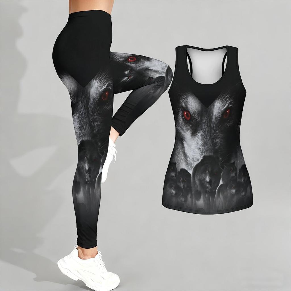 Cunning Wolf Pattern Print Yoga Outfit for Women Fashion Workout Leggings Fitness Sports Casual Yoga Set Sports Suit