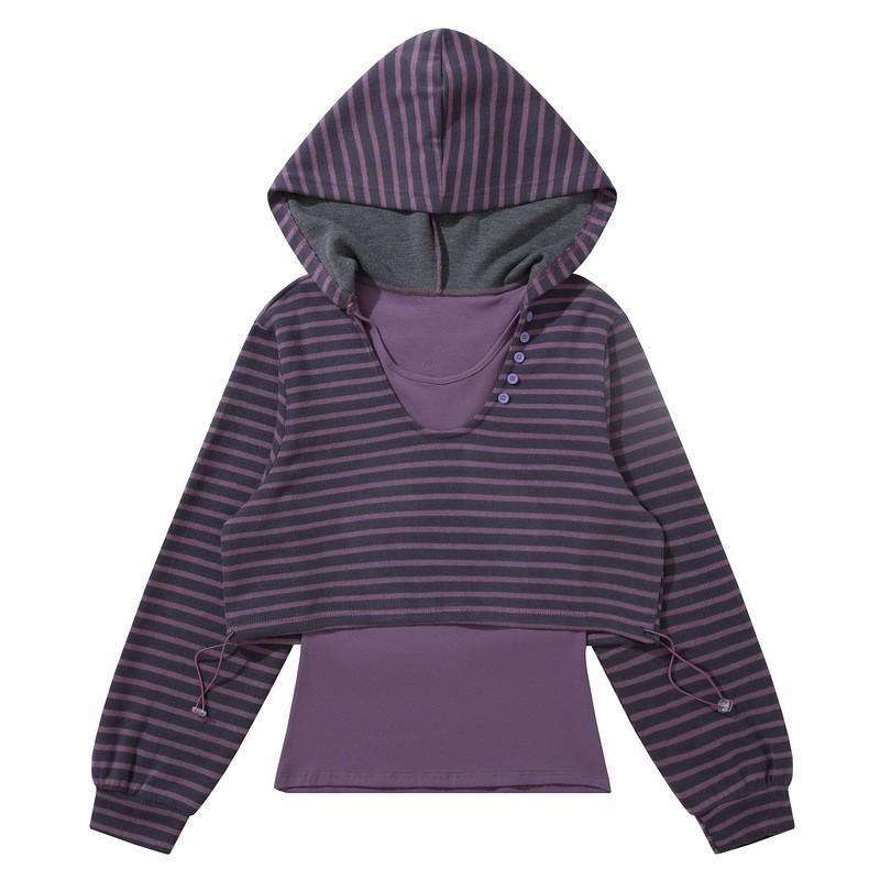 Hooded Striped T-Shirt Black Purple Loose Fit Long Sleeve Fall Winter Streetwear