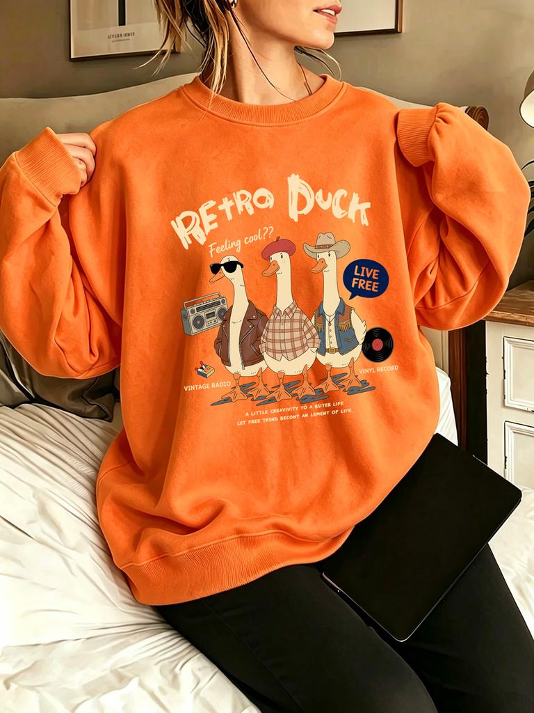Retro Duck Feeling Cool Live Free Printed Pullovers Women Fleece Sportswear Autumn Crewneck Sweatshirt Y2K Loose Clothes