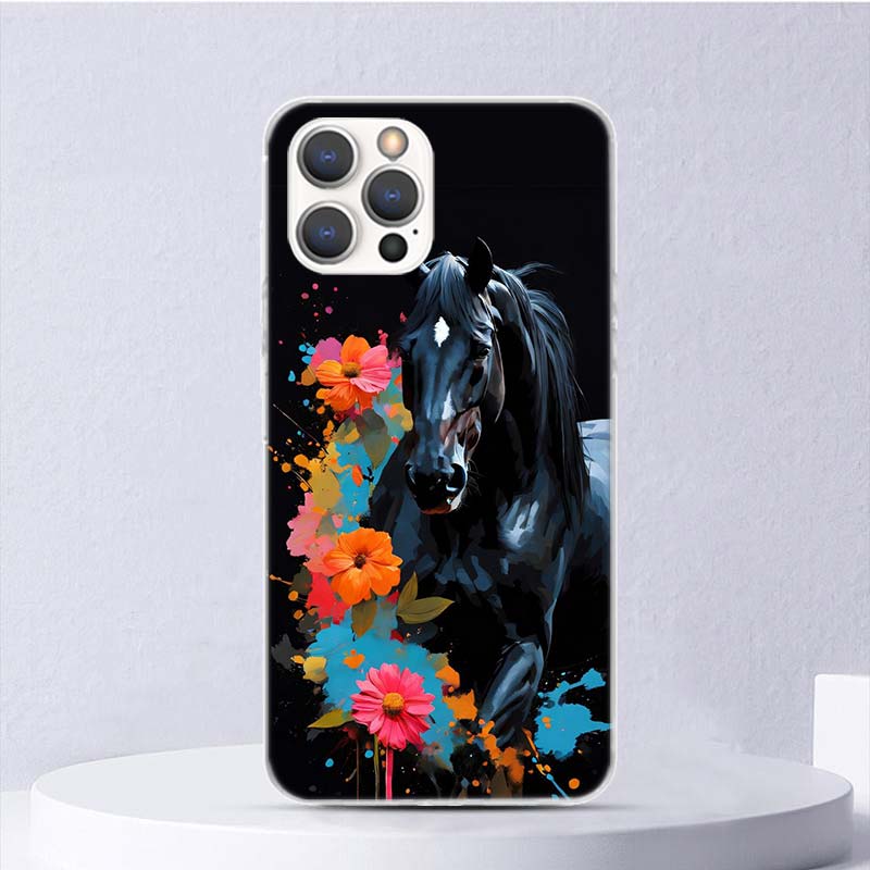 Animal Black Horse Soft Case For iPhone 16 17 Air 16E 15 Plus 11 12 13 Mini 14 Pro Max Phone Cover Apple 7 8 SE Coque Funda 16 1