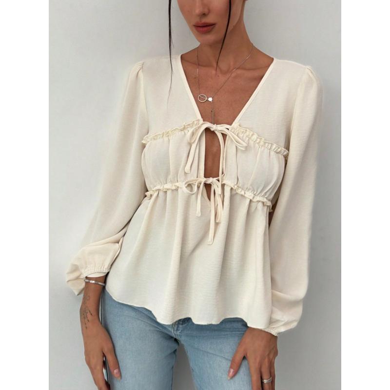 

Women s New Autumn Fashion Pleated Cardigan Lace-up Lantern Sleeve Long-sleeved Shirt S белый