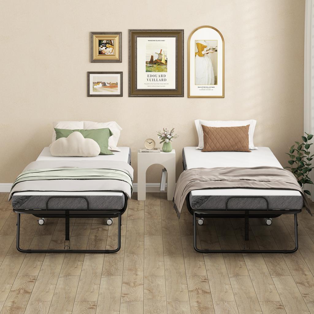 Folding Single Bed with Mattress, 200 x 90 cm, on Wheels, Steel Frame, White