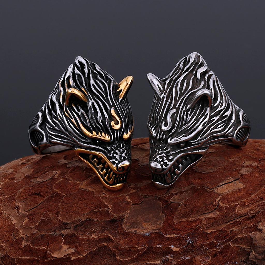 Stainless Steel Nordic Ice Wolf Ring for Men Viking Warrior Rune Jewelry Mythical Animal Gift