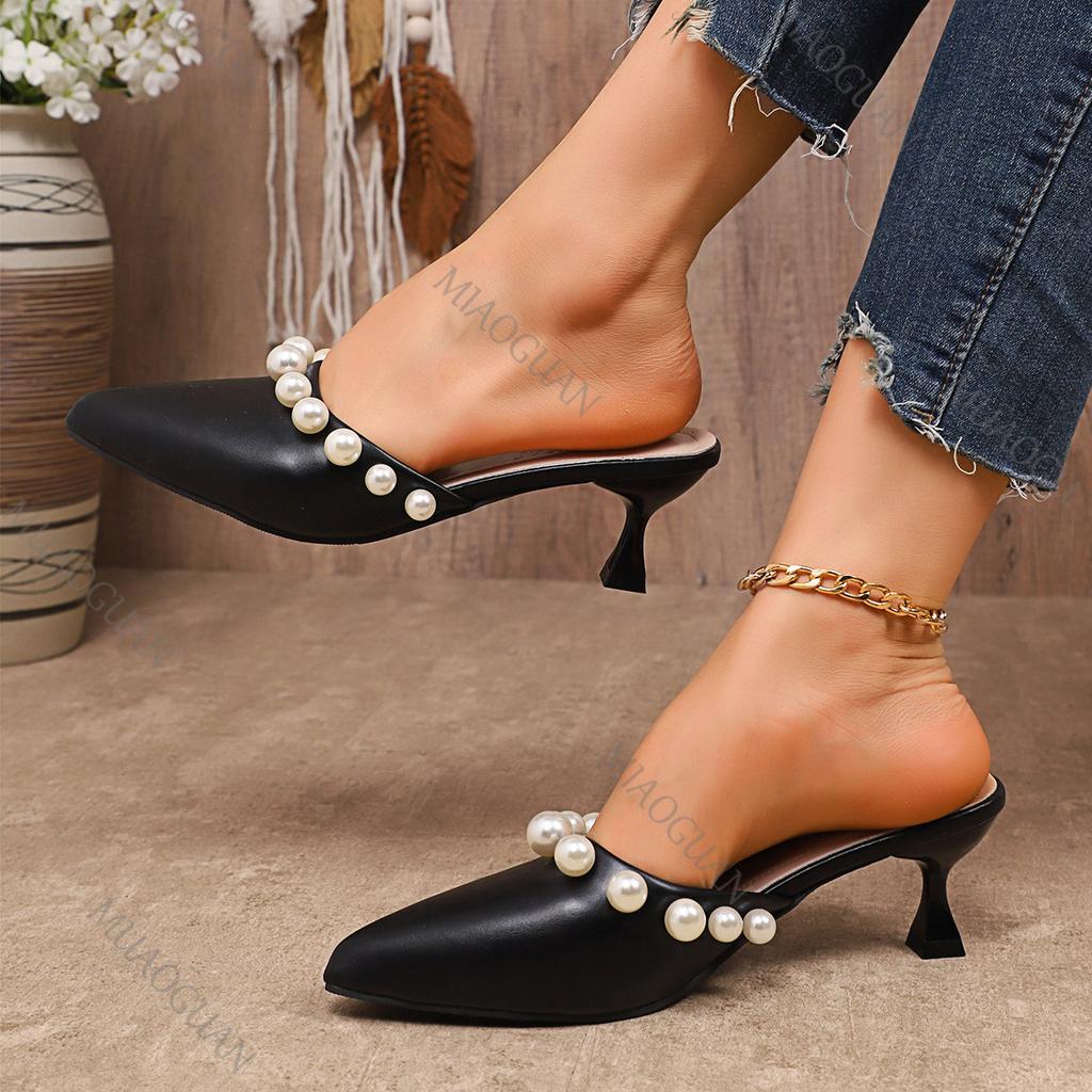 New Sweet Pearl High-heeled Slippers Summer New Pointed Toe Mules Half Baotou Slipper Beige Black Outside Heeled Sandal Slides