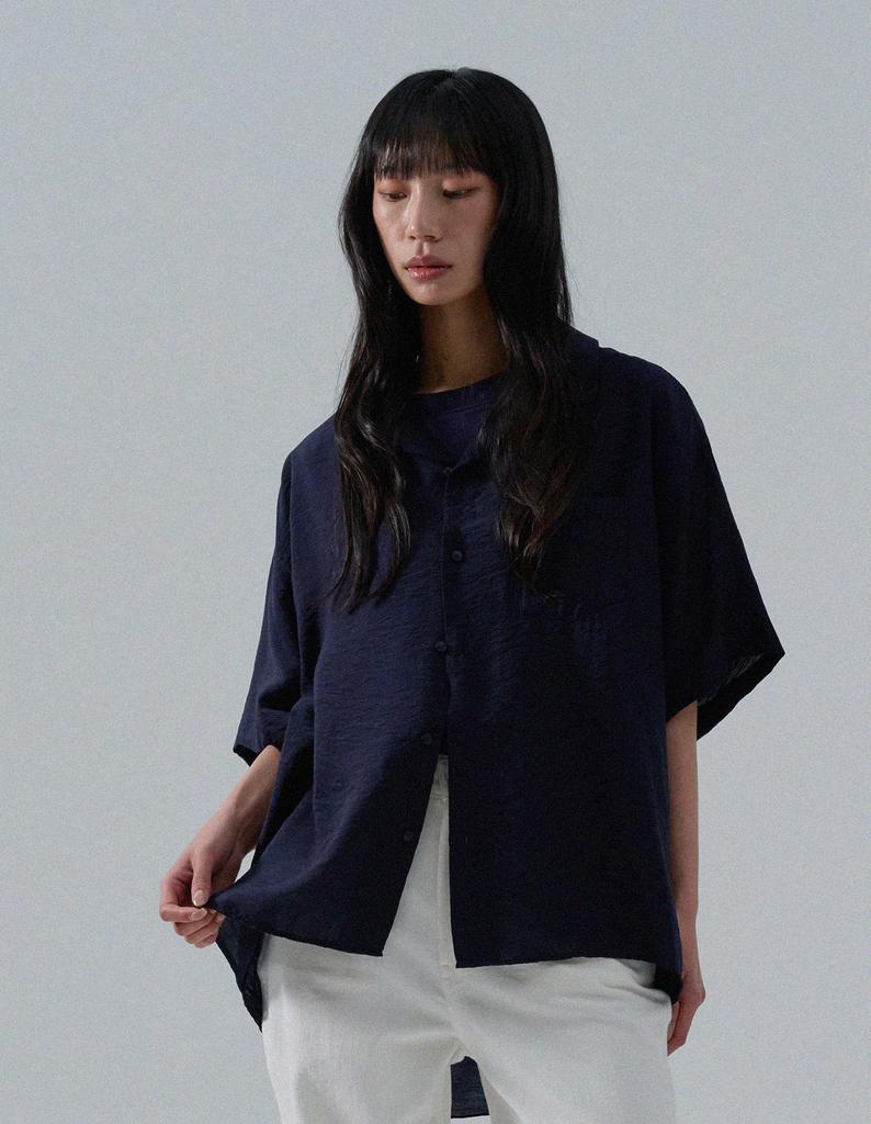 Neilbi Open Collar Silky Linen Shirt [D,Navy]