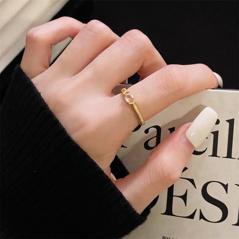 Simple And Fashionable Medieval Brushed Egg-Shaped Zircon T-Square Open Ring Index Finger Ring Temperament Exquisite Ring Woman Adjustable opening