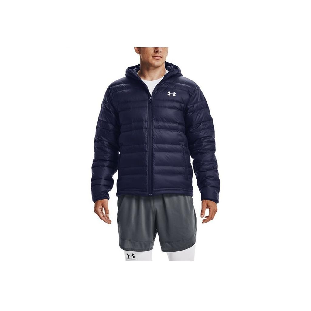 Under Armour Solid Color Logo Print Zipper Hooded Down Jacket Men Outerwear Navy-Blue 1342738-410