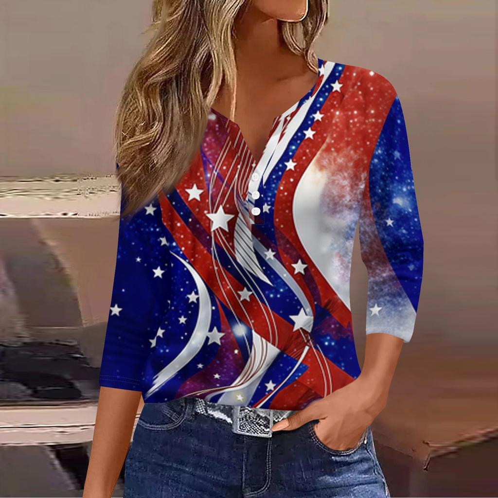 Women's Fashion Casual Independence Day American Flag Stars and Stripes Print Collar V-Neck Three-Quarter Sleeve Decorative Button-Up T-Shirt Top