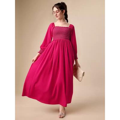 Damen Lässig Quadratischer Ausschnitt Krepp Uni Fit & Flare Knöchellanges Kleid Western Kurti VF-1810