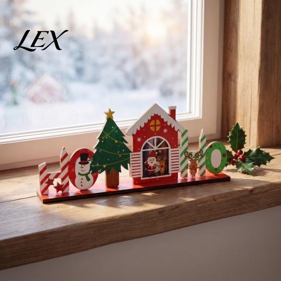 Holiday Party Table Decorations Wooden Christmas Ornaments, Tabletop Decoration with Santa Claus Snowman Elk Office Desk Accessories Designs for Home