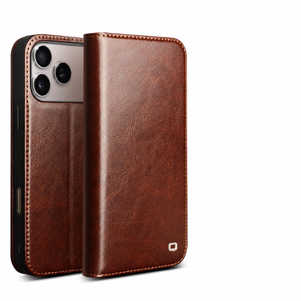 For IPhone 18 Pro / 18 Pro Max Retro Genuine Leather Flip Case with Stand & Built-in Card Holder Handmade Cowhide Business Cover