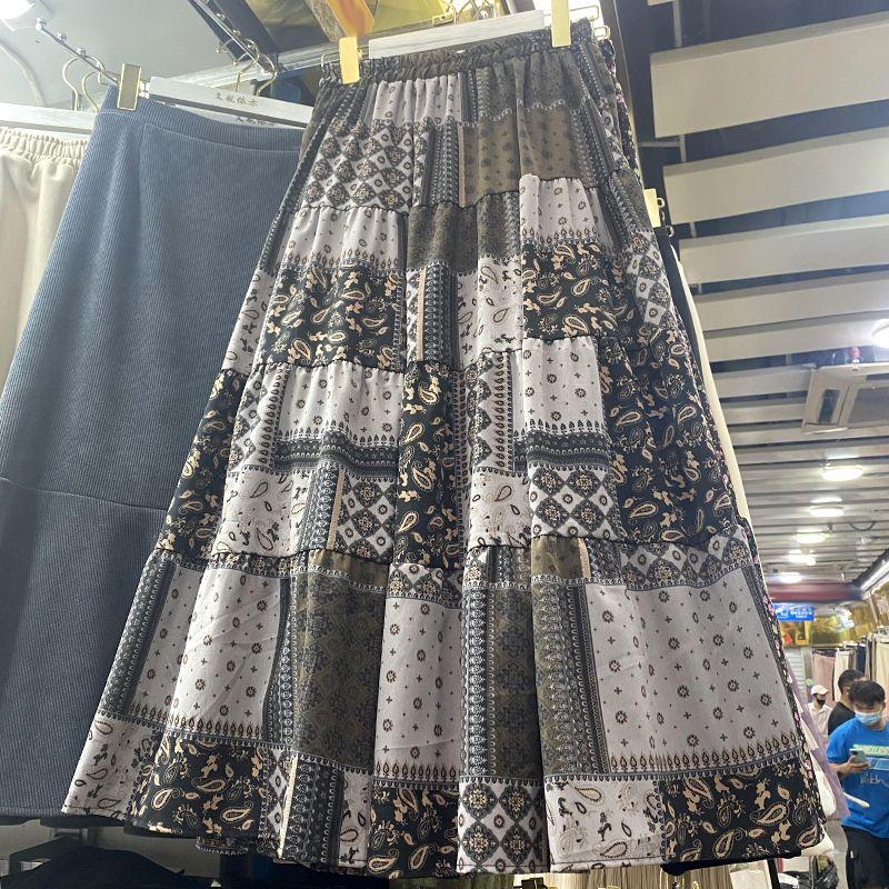 MOJTA Mid-length Skirt Spring Summer Contrast Floral Women's Elastic High Waist Skirt A-line Long Skirt
