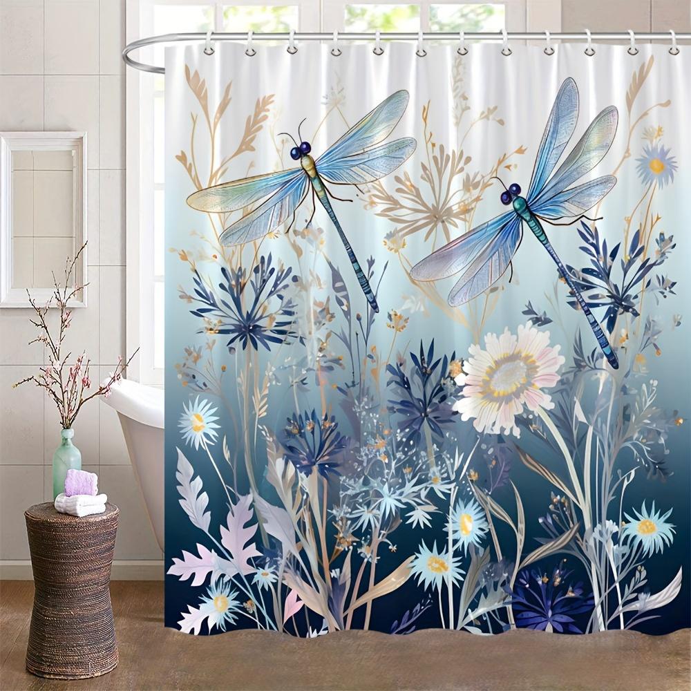 1pc Dragonfly Floral Pattern Shower Curtain, Shower Curtain with Hooks, Bathtub Partition, Bathroom Decor, Bathroom Accessories