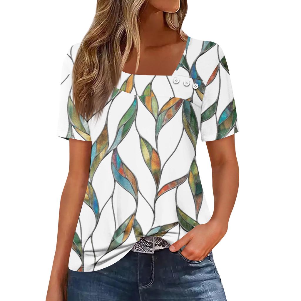 Damen T-Shirt mit lässigem Print, asymmetrischem Halsausschnitt, kurzen Ärmeln, dekorativen Knöpfen