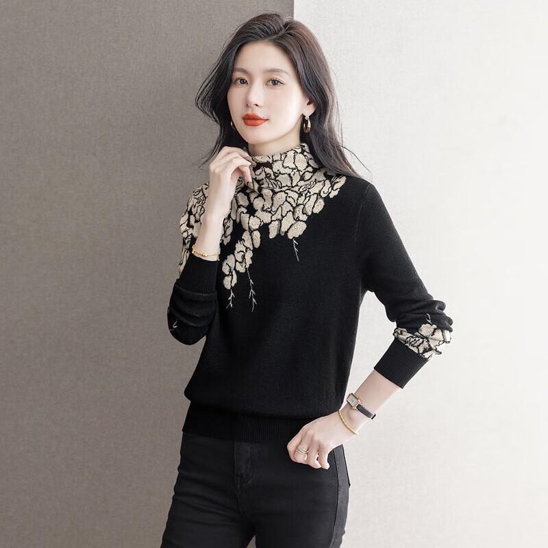 Sibaishae Elegant Color-Block Floral Semi-High Collar Sweater
