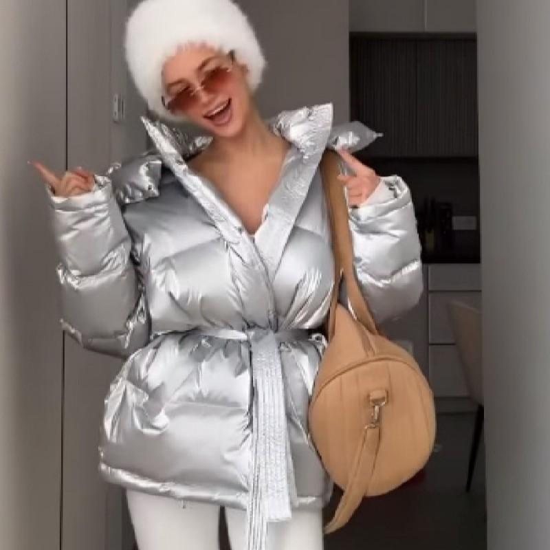 Giacca imbottita invernale da donna con cappuccio, lucida, calda, in piuma d'anatra, vestibilità slim, capospalla casual