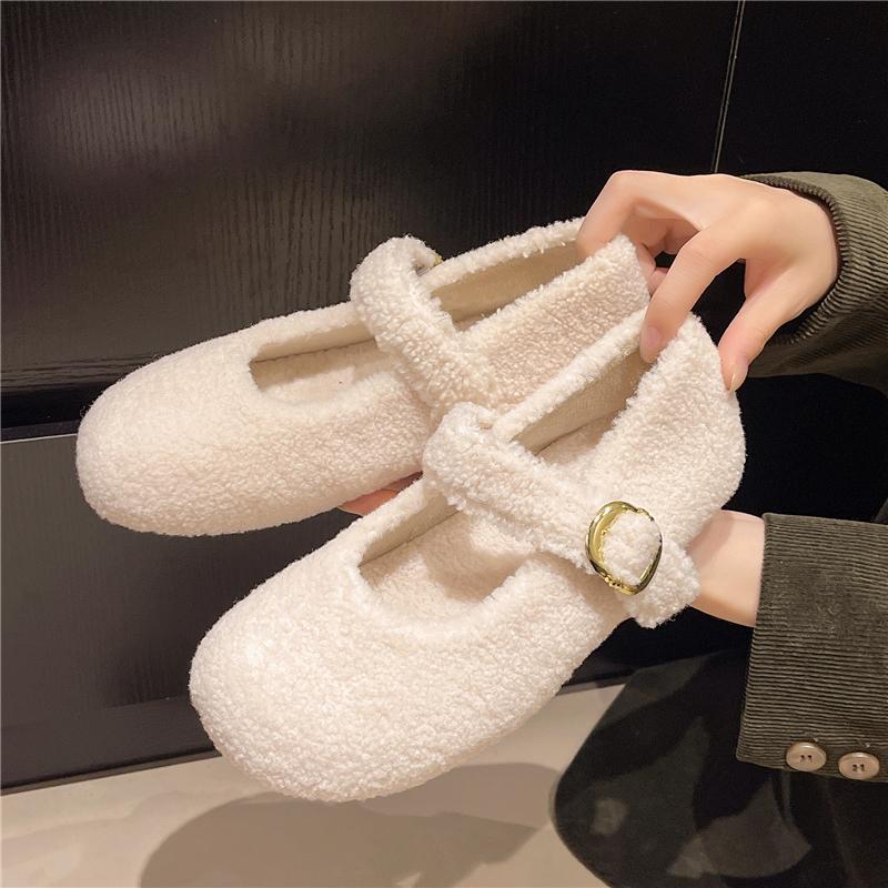 Fashion Aphixta Flat with Furry Shoes for Woman Soft Short Plush Buckle Women's Loafers Korean Style Ladies Shoe Luxury Brand Shoes