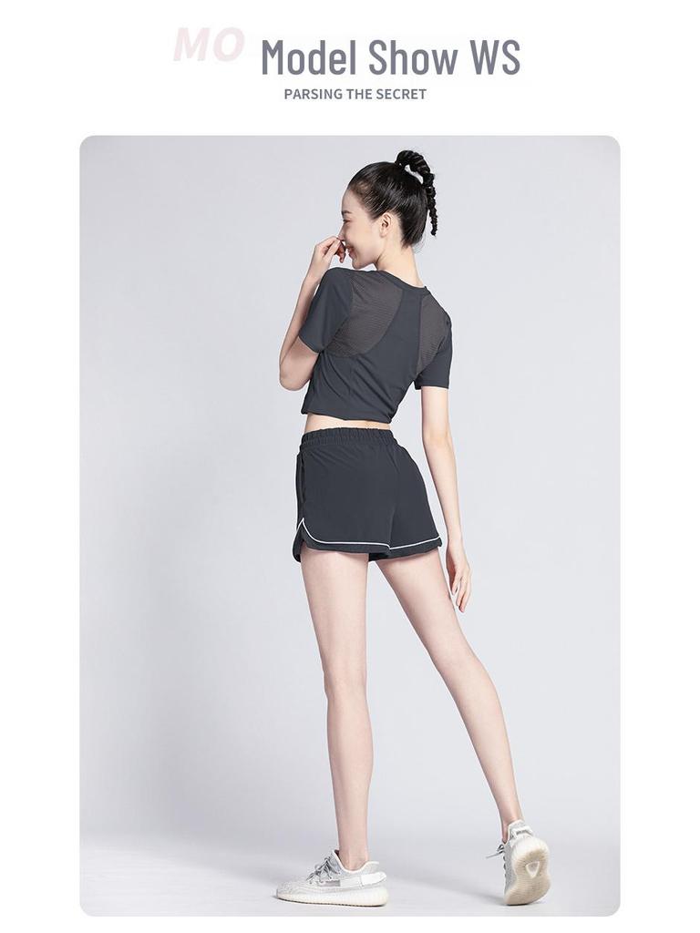 Women's Summer Yoga Outfit: Quick-Drying Short-Sleeve Top, Stretchy Mesh, Fashionable and Lightweight Fitness Wear for Morning Runs.