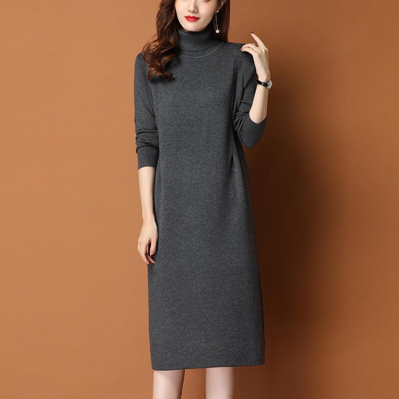 2025 Women's Winter Turtleneck Sweater Dress - Mid-Length Pullover with Over-Knee Skirt and Cashmere Coat