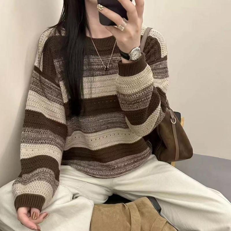 Round Neck Striped Sweater Women's Long-sleeved Autumn Clothing New Style Fashionable Loose Lazy Style Top Retro Pullover