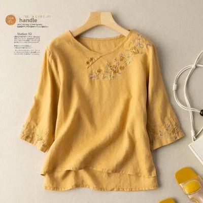 T-shirt da donna retrò girocollo in cotone/lino a maniche 3/4 ricamata ampia e slim