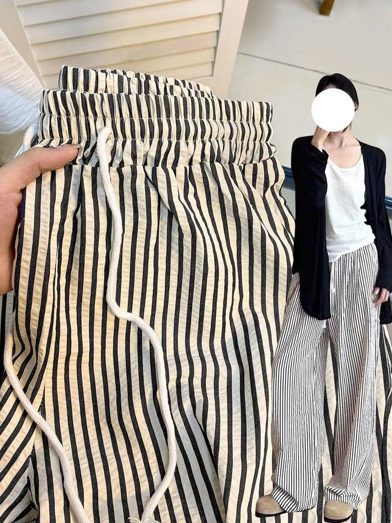 Women's Summer Striped Tie-Waist Wide-Leg Pants - Petite Fit, 145cm, Casual Lazy Style