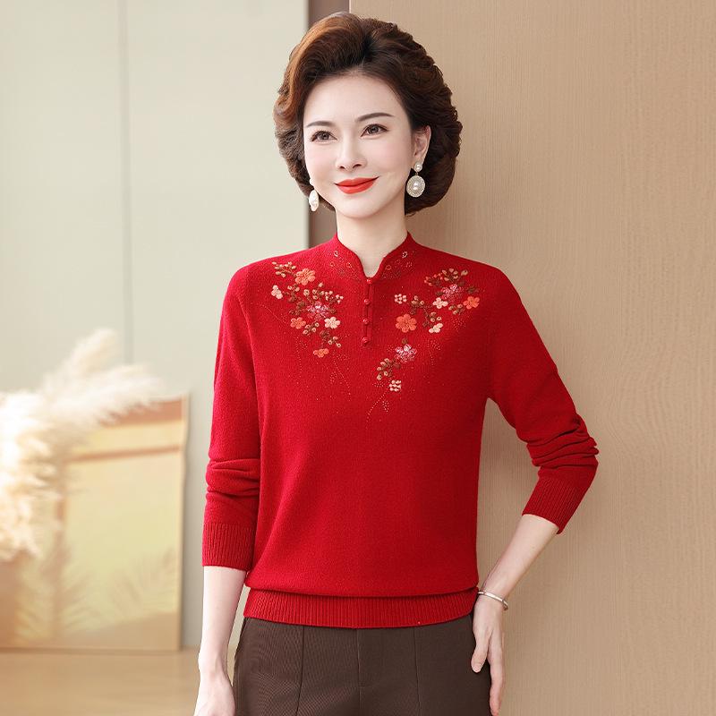 Mamas reiner Woll-Strickpullover mit Stickerei - Übergröße, lockere Passform für Frauen mittleren und höheren Alters (Herbst Winter)
